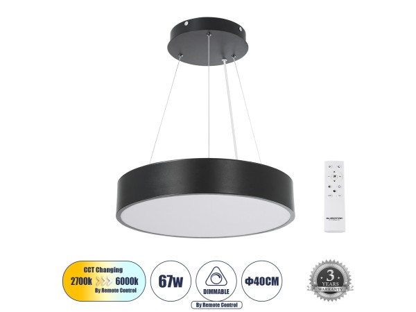GLOBOSTAR® BURTON 61200 Μοντέρνο Κρεμαστό Φωτιστικό Οροφής LED 67W 7370lm 120° AC 220-240V IP20 Ρυθμιζόμενο Λευκό CCT με Χειριστήριο από 2700K έως 6000K Dimmable - Lumileds SMD Chip - Μαύρο Ματ - Μ40 x Π40 x Υ8cm - 3 Χρόνια Εγγύηση