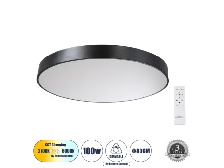 GLOBOSTAR® BURTON 61204-S Μοντέρνο Φωτιστικό Οροφής LED 100W 10000lm 120° AC 220-240V IP20 Ρυθμιζόμενο Λευκό CCT με Χειριστήριο από 2700K έως 6000K Dimmable - Lumileds SMD Chip - Μαύρο Ματ - Μ80 x Π80 x Υ8cm - 3 Χρόνια Εγγύηση