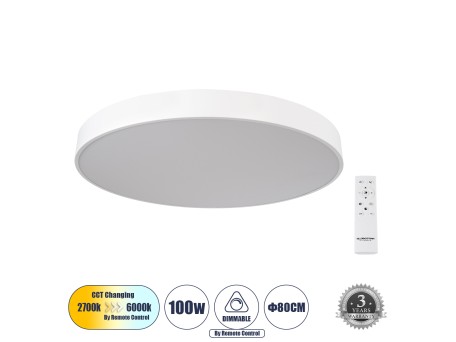 GLOBOSTAR® BURTON 61205-S Μοντέρνο Φωτιστικό Οροφής LED 100W 10000lm 120° AC 220-240V IP20 Ρυθμιζόμενο Λευκό CCT με Χειριστήριο από 2700K έως 6000K Dimmable - Lumileds SMD Chip - Λευκό Ματ - Μ80 x Π80 x Υ8cm - 3 Χρόνια Εγγύηση