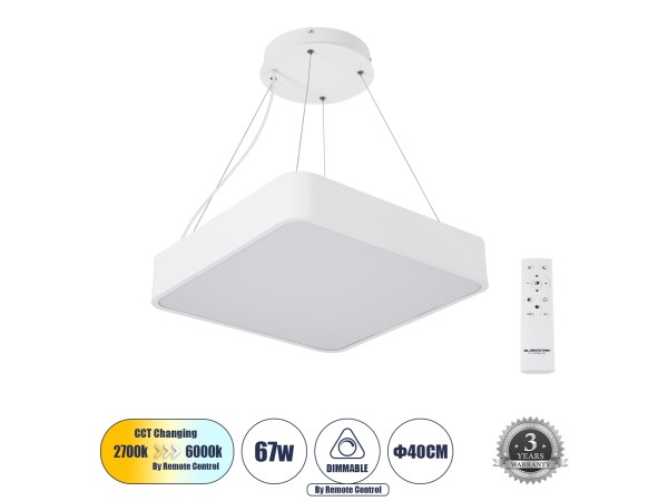 GLOBOSTAR® KAMALA 61207 Μοντέρνο Κρεμαστό Φωτιστικό Οροφής LED 67W 7370lm 120° AC 220-240V IP20 Ρυθμιζόμενο Λευκό CCT με Χειριστήριο από 2700K έως 6000K Dimmable - Lumileds SMD Chip - Λευκό Ματ - Μ40 x Π40 x Υ8cm - 3 Χρόνια Εγγύηση GLOBOSTAR® KAMALA 61207 Μοντέρνο Κρεμαστό Φωτιστικό Οροφής LED 67W 7370lm 120° AC 220-240V IP20 Ρυθμιζόμενο Λευκό CCT με Χειριστήριο από 2700K έως 6000K Dimmable - Lumileds SMD Chip - Λευκό Ματ - Μ40 x Π40 x Υ8cm - 3 Χρόνια Εγγύηση