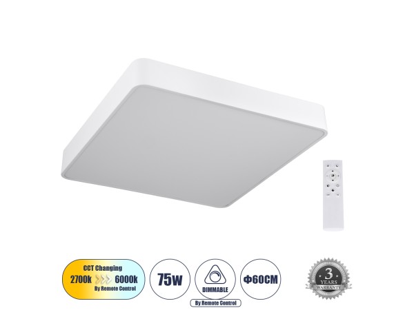GLOBOSTAR® KAMALA 61209-S Μοντέρνο Φωτιστικό Οροφής LED 75W 8625lm 120° AC 220-240V IP20 Ρυθμιζόμενο Λευκό CCT με Χειριστήριο από 2700K έως 6000K Dimmable - Lumileds SMD Chip - Λευκό Ματ - Μ60 x Π60 x Υ8cm - 3 Χρόνια Εγγύηση