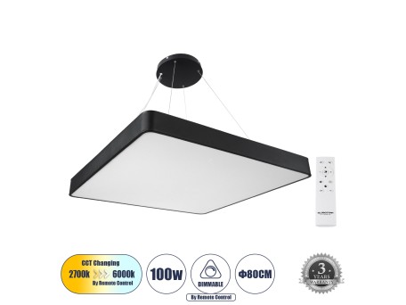 GLOBOSTAR® KAMALA 61210-P Μοντέρνο Κρεμαστό Φωτιστικό Οροφής LED 100W 10000lm 120° AC 220-240V IP20 Ρυθμιζόμενο Λευκό CCT με Χειριστήριο από 2700K έως 6000K Dimmable - Lumileds SMD Chip - Μαύρο Ματ - Μ80 x Π80 x Υ8cm - 3 Χρόνια Εγγύηση