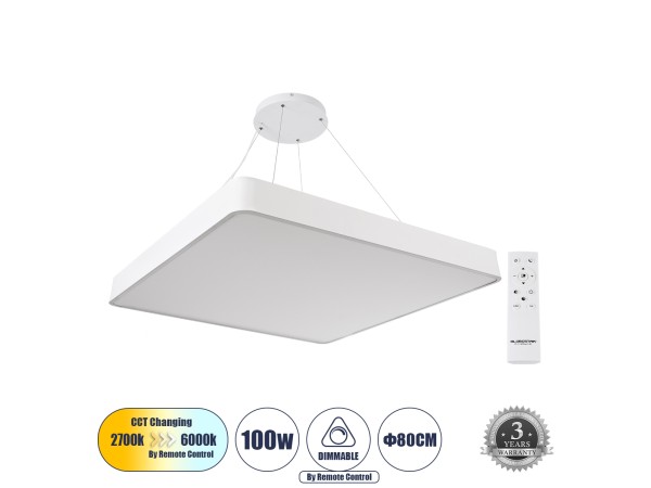 GLOBOSTAR® KAMALA 61211-P Μοντέρνο Κρεμαστό Φωτιστικό Οροφής LED 100W 11020lm 120° AC 220-240V IP20 Ρυθμιζόμενο Λευκό CCT με Χειριστήριο από 2700K έως 6000K Dimmable - Lumileds SMD Chip - Λευκό Ματ - Μ80 x Π80 x Υ8cm - 3 Χρόνια Εγγύηση GLOBOSTAR® KAMALA 61211-P Μοντέρνο Κρεμαστό Φωτιστικό Οροφής LED 100W 11020lm 120° AC 220-240V IP20 Ρυθμιζόμενο Λευκό CCT με Χειριστήριο από 2700K έως 6000K Dimmable - Lumileds SMD Chip - Λευκό Ματ - Μ80 x Π80 x Υ8cm - 3 Χρόνια Εγγύηση