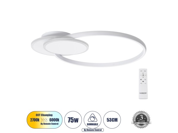 GLOBOSTAR® CIRCUO 61230 Μοντέρνο Φωτιστικό Οροφής LED 75W 8400lm 360° AC 220-240V IP20 Ρυθμιζόμενο Λευκό CCT με Χειριστήριο από 2700K έως 6000K Dimmable - Lumileds SMD Chip - Λευκό Ματ - Μ53 x Π42.5 x Υ9cm - 3 Χρόνια Εγγύηση GLOBOSTAR® CIRCUO 61230 Μοντέρνο Φωτιστικό Οροφής LED 75W 8400lm 360° AC 220-240V IP20 Ρυθμιζόμενο Λευκό CCT με Χειριστήριο από 2700K έως 6000K Dimmable - Lumileds SMD Chip - Λευκό Ματ - Μ53 x Π42.5 x Υ9cm - 3 Χρόνια Εγγύηση