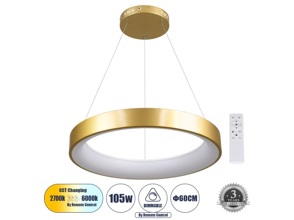 GLOBOSTAR® SALEM 61247 Μοντέρνο Κρεμαστό Φωτιστικό Οροφής LED 105W 12075lm 120° AC 220-240V IP20 Ρυθμιζόμενο Λευκό CCT με Χειριστήριο από 2700K έως 6000K Dimmable - Lumileds SMD Chip - Χρυσό - Μ60 x Π60 x Υ6cm - 3 Χρόνια Εγγύηση GLOBOSTAR® SALEM 61247 Μοντέρνο Κρεμαστό Φωτιστικό Οροφής LED 105W 12075lm 120° AC 220-240V IP20 Ρυθμιζόμενο Λευκό CCT με Χειριστήριο από 2700K έως 6000K Dimmable - Lumileds SMD Chip - Χρυσό - Μ60 x Π60 x Υ6cm - 3 Χρόνια Εγγύηση