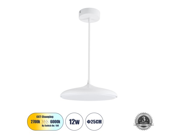 GLOBOSTAR® BARON 61252 Μοντέρνο Κρεμαστό Φωτιστικό Οροφής LED 12W 1440lm 120° AC 220-240V IP20 Ρυθμιζόμενο Λευκό CCT με On/Off 2700K/4500K/6000K - Lumileds SMD Chip - Λευκό Ματ - Μ25 x Π25 x Υ8cm - 3 Χρόνια Εγγύηση