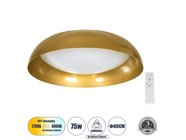 GLOBOSTAR® ANATOLIA 61266 Μοντέρνο Φωτιστικό Οροφής LED 75W 8625lm 120° AC 220-240V IP20 Ρυθμιζόμενο Λευκό CCT με Χειριστήριο από 2700K έως 6000K Dimmable - Lumileds SMD Chip - Χρυσό - Μ60 x Π60 x Υ13cm - 3 Χρόνια Εγγύηση GLOBOSTAR® ANATOLIA 61266 Μοντέρνο Φωτιστικό Οροφής LED 75W 8625lm 120° AC 220-240V IP20 Ρυθμιζόμενο Λευκό CCT με Χειριστήριο από 2700K έως 6000K Dimmable - Lumileds SMD Chip - Χρυσό - Μ60 x Π60 x Υ13cm - 3 Χρόνια Εγγύηση