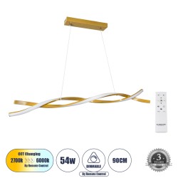 GLOBOSTAR® MORALES 61278 Μοντέρνο Κρεμαστό Φωτιστικό Οροφής LED 54W 6048lm 300° AC 220-240V IP20 Ρυθμιζόμενο Λευκό CCT με Χειριστήριο από 2700K έως 6000K Dimmable - Lumileds SMD Chip - Σατινέ Χρυσό Βούρτσας - Μ90 x Π14 x Υ14cm - 3 Χρόνια Εγγύηση