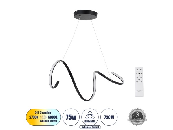 GLOBOSTAR® SPIRALE 61283 Μοντέρνο Κρεμαστό Φωτιστικό Οροφής LED 75W 8400lm 300° AC 220-240V IP20 Ρυθμιζόμενο Λευκό CCT με Χειριστήριο από 2700K έως 6000K Dimmable - Lumileds SMD Chip - Μαύρο Ματ - Μ72 x Π25 x Υ30cm - 3 Χρόνια Εγγύηση