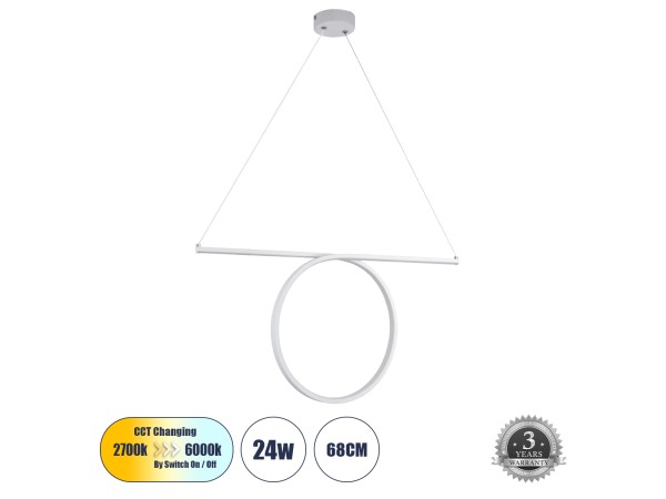 GLOBOSTAR® ROME 61295 Μοντέρνο Κρεμαστό Φωτιστικό Οροφής LED 24W 2640lm 200° AC 220-240V IP20 Ρυθμιζόμενο Λευκό CCT με On/Off 2700K/4500K/6000K - Lumileds SMD Chip - Λευκό Ματ - Μ65.5 x Π4 x Υ33cm - 3 Χρόνια Εγγύηση GLOBOSTAR® ROME 61295 Μοντέρνο Κρεμαστό Φωτιστικό Οροφής LED 24W 2640lm 200° AC 220-240V IP20 Ρυθμιζόμενο Λευκό CCT με On/Off 2700K/4500K/6000K - Lumileds SMD Chip - Λευκό Ματ - Μ65.5 x Π4 x Υ33cm - 3 Χρόνια Εγγύηση