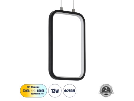 GLOBOSTAR® DEROBA 61298 Μοντέρνο Κρεμαστό Φωτιστικό Οροφής LED 12W 1320lm 360° AC 220-240V IP20 Ρυθμιζόμενο Λευκό CCT με On/Off 2700K/4500K/6000K - Lumileds SMD Chip - Μαύρο Ματ - Μ16 x Π1.6 x Υ25.5cm - 3 Χρόνια Εγγύηση