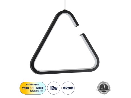 GLOBOSTAR® CEROBA 61307 Μοντέρνο Κρεμαστό Φωτιστικό Οροφής LED 12W 1320lm 360° AC 220-240V IP20 Ρυθμιζόμενο Λευκό CCT με On/Off 2700K/4500K/6000K - Lumileds SMD Chip - Μαύρο Ματ - Μ22 x Π2 x Υ22cm - 3 Χρόνια Εγγύηση