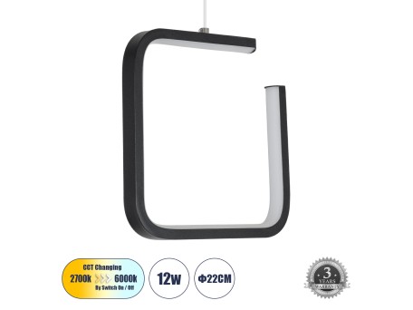 GLOBOSTAR® CEROBA 61308 Μοντέρνο Κρεμαστό Φωτιστικό Οροφής LED 12W 1320lm 360° AC 220-240V IP20 Ρυθμιζόμενο Λευκό CCT με On/Off 2700K/4500K/6000K - Lumileds SMD Chip - Μαύρο Ματ - Μ22 x Π2 x Υ22cm - 3 Χρόνια Εγγύηση
