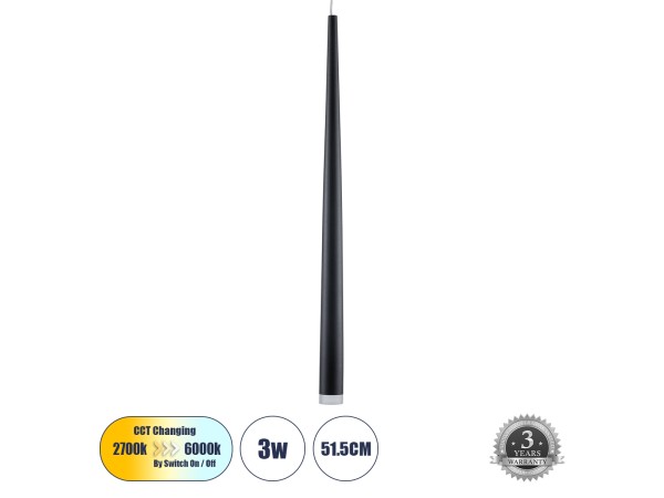 GLOBOSTAR® TEARS 61309 Μοντέρνο Κρεμαστό Φωτιστικό Οροφής LED 3W 330lm 180° AC 220-240V IP20 Ρυθμιζόμενο Λευκό CCT με On/Off 2700K/4500K/6000K Dimmable - Lumileds SMD Chip - Μαύρο Ματ - Μ3.2 x Π3.2 x Υ51.5cm - 3 Χρόνια Εγγύηση