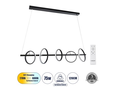 GLOBOSTAR® CIRCOLARE 61319 Μοντέρνο Κρεμαστό Φωτιστικό Οροφής LED 75W 7500lm 360° AC 220-240V IP20 Ρυθμιζόμενο Λευκό CCT με Χειριστήριο από 2700K έως 6000K Dimmable - Lumileds SMD Chip - Μαύρο Ματ - Μ120 x Π25 x Υ25cm - 3 Χρόνια Εγγύηση