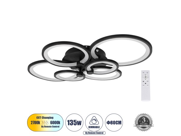 GLOBOSTAR® ROYAL-R 61323 Μοντέρνο Φωτιστικό Οροφής LED 135W 16200lm 360° AC 220-240V IP20 Ρυθμιζόμενο Λευκό CCT με Χειριστήριο από 2700K έως 6000K Dimmable - Lumileds SMD Chip - Μαύρο Ματ - Μ80.5 x Π59 x Υ12cm - 3 Χρόνια Εγγύηση