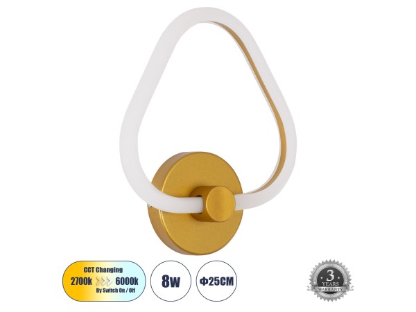 GLOBOSTAR® REGINA 61342 Μοντέρνο Φωτιστικό Τοίχου - Απλίκα LED 8W 960lm 360° AC 220-240V IP20 Ρυθμιζόμενο Λευκό CCT με On/Off 2700K/4500K/6000K - Lumileds SMD Chip - Χρυσό - Μ25 x Π7 x Υ28.5cm - 3 Χρόνια Εγγύηση
