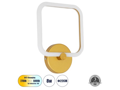 GLOBOSTAR® ELIZA 61344 Μοντέρνο Φωτιστικό Τοίχου - Απλίκα LED 8W 960lm 360° AC 220-240V IP20 Ρυθμιζόμενο Λευκό CCT με On/Off 2700K/4500K/6000K - Lumileds SMD Chip - Χρυσό - Μ22 x Π5 x Υ28.5cm - 3 Χρόνια Εγγύηση