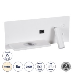 GLOBOSTAR® PALADIN 61353 Μοντέρνο Φωτιστικό Τοίχου - Απλίκα Ξενοδοχείου Reading Light με Φορτιστή USB 3A & Wireless 20W LED 6W 720lm 36° & 360° AC 220-240V IP20 Φυσικό Λευκό 4500K - Bridgelux COB Chip & TÜV SÜD Driver - Λευκό Ματ - Μ30 x Π11 x Υ12cm - 3 Χ