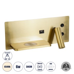 GLOBOSTAR® PALADIN 61357 Μοντέρνο Φωτιστικό Τοίχου - Απλίκα Ξενοδοχείου Reading Light με Φορτιστή USB 3A & Wireless 20W LED 6W 720lm 36° & 360° AC 220-240V IP20 Φυσικό Λευκό 4500K - Bridgelux COB Chip & TÜV SÜD Driver - Χρυσό Βούρτσας - Μ30 x Π11 x Υ12cm 