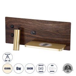 GLOBOSTAR® PALADIN 61362 Μοντέρνο Φωτιστικό Τοίχου - Απλίκα Ξενοδοχείου Reading Light με Φορτιστή USB 3A & Wireless 20W LED 6W 720lm 36° & 360° AC 220-240V IP20 Φυσικό Λευκό 4500K - Bridgelux COB Chip & TÜV SÜD Driver - Καφέ & Χρυσό Βούρτσας - Μ30 x Π11 x