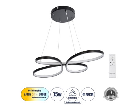GLOBOSTAR® BUTTERFLY 61391 Μοντέρνο Κρεμαστό Φωτιστικό Οροφής LED 75W 7500lm 300° AC 220-240V IP20 Ρυθμιζόμενο Λευκό CCT με Χειριστήριο από 2700K έως 6000K Dimmable - Lumileds SMD Chip - Μαύρο Ματ - Μ70 x Π55 x Υ4cm - 3 Χρόνια Εγγύηση