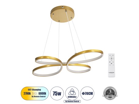 GLOBOSTAR® BUTTERFLY 61393 Μοντέρνο Κρεμαστό Φωτιστικό Οροφής LED 75W 8400lm 300° AC 220-240V IP20 Ρυθμιζόμενο Λευκό CCT με Χειριστήριο από 2700K έως 6000K Dimmable - Lumileds SMD Chip - Χρυσό Βούρτσας - Μ70 x Π55 x Υ4cm - 3 Χρόνια Εγγύηση