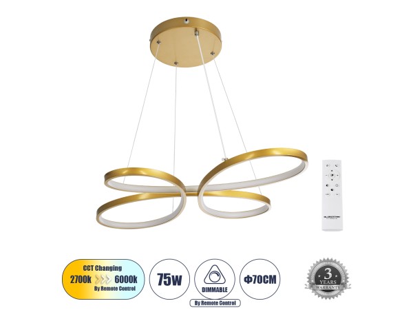 GLOBOSTAR® BUTTERFLY 61393 Μοντέρνο Κρεμαστό Φωτιστικό Οροφής LED 75W 7500lm 300° AC 220-240V IP20 Ρυθμιζόμενο Λευκό CCT με Χειριστήριο από 2700K έως 6000K Dimmable - Lumileds SMD Chip - Χρυσό Βούρτσας - Μ70 x Π55 x Υ4cm - 3 Χρόνια Εγγύηση GLOBOSTAR® BUTTERFLY 61393 Μοντέρνο Κρεμαστό Φωτιστικό Οροφής LED 75W 7500lm 300° AC 220-240V IP20 Ρυθμιζόμενο Λευκό CCT με Χειριστήριο από 2700K έως 6000K Dimmable - Lumileds SMD Chip - Χρυσό Βούρτσας - Μ70 x Π55 x Υ4cm - 3 Χρόνια Εγγύηση