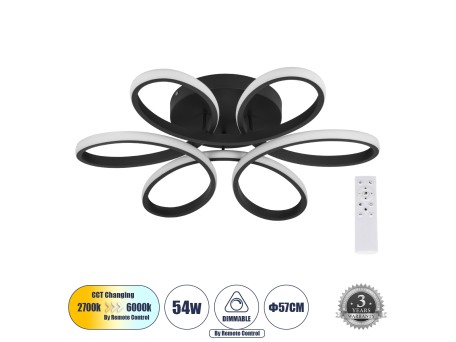 GLOBOSTAR® MARGARET 61400 Μοντέρνο Φωτιστικό Οροφής LED 54W 6210lm 360° AC 220-240V IP20 Ρυθμιζόμενο Λευκό CCT με Χειριστήριο από 2700K έως 6000K Dimmable - Lumileds SMD Chip - Μαύρο Ματ - Μ57 x Π57 x Υ12cm - 3 Χρόνια Εγγύηση
