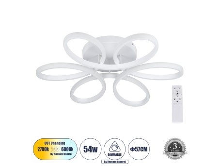 GLOBOSTAR® MARGARET 61401 Μοντέρνο Φωτιστικό Οροφής LED 54W 6210lm 360° AC 220-240V IP20 Ρυθμιζόμενο Λευκό CCT με Χειριστήριο από 2700K έως 6000K Dimmable - Lumileds SMD Chip - Λευκό Ματ - Μ57 x Π57 x Υ12cm - 3 Χρόνια Εγγύηση