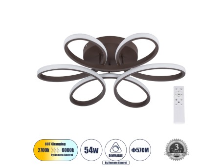GLOBOSTAR® MARGARET 61402 Μοντέρνο Φωτιστικό Οροφής LED 54W 6210lm 360° AC 220-240V IP20 Ρυθμιζόμενο Λευκό CCT με Χειριστήριο από 2700K έως 6000K Dimmable - Lumileds SMD Chip - Καφέ Ματ - Μ57 x Π57 x Υ12cm - 3 Χρόνια Εγγύηση