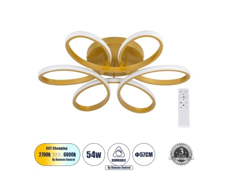 GLOBOSTAR® MARGARET 61403 Μοντέρνο Φωτιστικό Οροφής LED 54W 6210lm 360° AC 220-240V IP20 Ρυθμιζόμενο Λευκό CCT με Χειριστήριο από 2700K έως 6000K Dimmable - Lumileds SMD Chip - Χρυσό Βούρτσας - Μ57 x Π57 x Υ12cm - 3 Χρόνια Εγγύηση