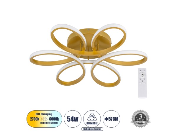 GLOBOSTAR® MARGARET 61403 Μοντέρνο Φωτιστικό Οροφής LED 54W 6210lm 360° AC 220-240V IP20 Ρυθμιζόμενο Λευκό CCT με Χειριστήριο από 2700K έως 6000K Dimmable - Lumileds SMD Chip - Χρυσό Βούρτσας - Μ57 x Π57 x Υ12cm - 3 Χρόνια Εγγύηση GLOBOSTAR® MARGARET 61403 Μοντέρνο Φωτιστικό Οροφής LED 54W 6210lm 360° AC 220-240V IP20 Ρυθμιζόμενο Λευκό CCT με Χειριστήριο από 2700K έως 6000K Dimmable - Lumileds SMD Chip - Χρυσό Βούρτσας - Μ57 x Π57 x Υ12cm - 3 Χρόνια Εγγύηση