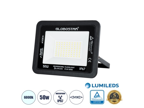 GLOBOSTAR® ATLAS 61422 Προβολέας LED 50W 6250lm 120° AC 220-240V Αδιάβροχο IP67 Ψυχρό Λευκό 6000K - Lumileds SMD Chip - TÜV Rheinland Certified - Μαύρο Ματ - Μ21 x Π3.5 x Υ16cm - 5 Χρόνια Εγγύηση