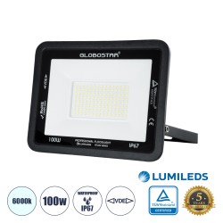 GLOBOSTAR® ATLAS 61425 Προβολέας LED 100W 12500lm 120° AC 220-240V Αδιάβροχο IP67 Ψυχρό Λευκό 6000K - Lumileds SMD Chip - TÜV Rheinland Certified - Μαύρο Ματ - Μ27 x Π4 x Υ21cm - 5 Χρόνια Εγγύηση