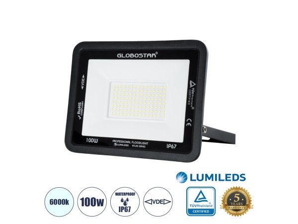 GLOBOSTAR® ATLAS 61425 Προβολέας LED 100W 12500lm 120° AC 220-240V Αδιάβροχο IP67 Ψυχρό Λευκό 6000K - Lumileds SMD Chip - TÜV Rheinland Certified - Μαύρο Ματ - Μ27 x Π4 x Υ21cm - 5 Χρόνια Εγγύηση