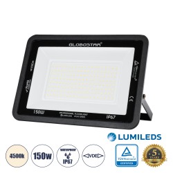 GLOBOSTAR® ATLAS 61429 Προβολέας LED 150W 18000lm 120° AC 220-240V Αδιάβροχο IP67 Φυσικό Λευκό Ματ 4500K - Lumileds SMD Chip - TÜV Rheinland Certified - Μαύρο Ματ - Μ32 x Π4 x Υ23cm - 5 Χρόνια Εγγύηση