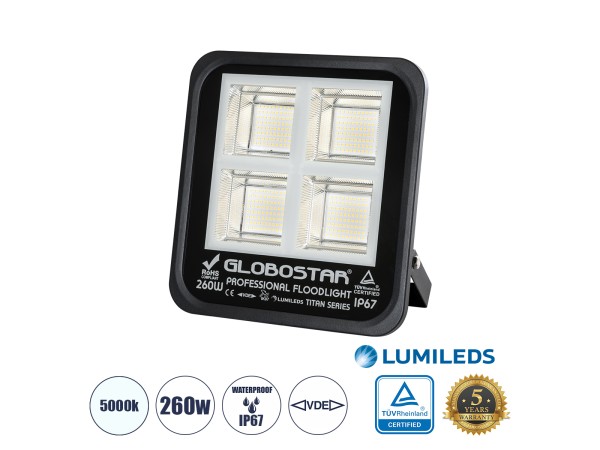 GLOBOSTAR® TITAN 61434 Προβολέας για Γήπεδα Tennis & Ποδοσφαίρου 5x5 LED 260W 32500lm 60°x90° AC 220-240V Αδιάβροχο IP67 Φυσικό Λευκό 5000K - Lumileds SMD Chip - TÜV Rheinland Certified - Μαύρο Ματ - Μ30 x Π8 x Υ28cm - 5 Χρόνια Εγγύηση