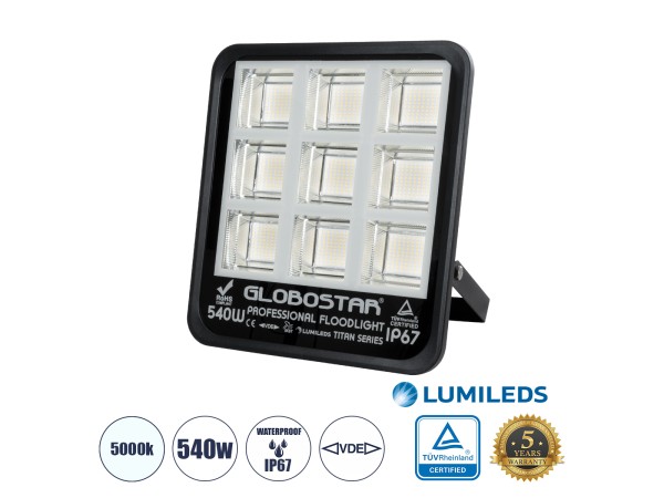 GLOBOSTAR® TITAN 61436 Προβολέας για Γήπεδα Tennis & Ποδοσφαίρου 5x5 LED 540W 67500lm 60°x90° AC 220-240V Αδιάβροχο IP67 Φυσικό Λευκό 5000K - Lumileds SMD Chip - TÜV Rheinland Certified - Μαύρο Ματ - Μ38 x Π8 x Υ42cm - 5 Χρόνια Εγγύηση