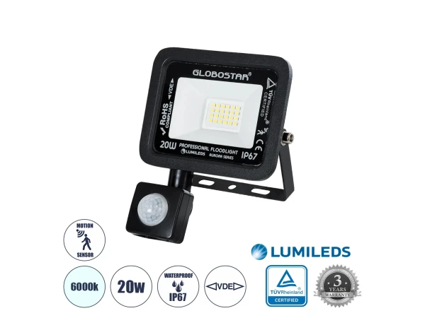 GLOBOSTAR® AURORA 64137 Προβολέας με Ανιχνευτή PIR / Αισθητήρα Κίνησης LED 20W 2500lm 120° AC 220-240V Αδιάβροχο IP67 Ψυχρό Λευκό 6000K - Lumileds SMD Chip - TÜV Rheinland Certified - Μαύρο Ματ - Μ12 x Π5 x Υ14.5cm - 3 Χρόνια Εγγύηση