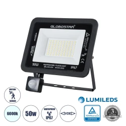 GLOBOSTAR® AURORA 61441 Προβολέας με Ανιχνευτή PIR / Αισθητήρα Κίνησης LED 50W 6250lm 120° AC 220-240V Αδιάβροχο IP67 Ψυχρό Λευκό 6000K - Lumileds SMD Chip - TÜV Rheinland Certified - Μαύρο Ματ - Μ21 x Π5 x Υ21cm - 3 Χρόνια Εγγύηση