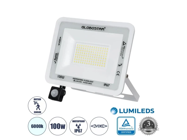 GLOBOSTAR® AURORA 61444 Προβολέας με Ανιχνευτή PIR / Αισθητήρα Κίνησης LED 100W 12500lm 120° AC 220-240V Αδιάβροχο IP67 Ψυχρό Λευκό 6000K - Lumileds SMD Chip - TÜV Rheinland Certified - Λευκό Ματ - Μ25 x Π6.5 x Υ27.5cm - 3 Χρόνια Εγγύηση GLOBOSTAR® AURORA 61444 Προβολέας με Ανιχνευτή PIR / Αισθητήρα Κίνησης LED 100W 12500lm 120° AC 220-240V Αδιάβροχο IP67 Ψυχρό Λευκό 6000K - Lumileds SMD Chip - TÜV Rheinland Certified - Λευκό Ματ - Μ25 x Π6.5 x Υ27.5cm - 3 Χρόνια Εγγύηση