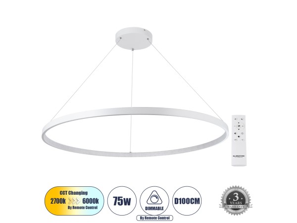 GLOBOSTAR® DIAMOND 61518 Μοντέρνο Κρεμαστό Φωτιστικό Οροφής LED 75W 8400lm 360° AC 220-240V IP20 Ρυθμιζόμενο Λευκό CCT με Χειριστήριο από 2700K έως 6000K Dimmable - Lumileds SMD Chip - Λευκό Ματ - Μ100 x Π100 x Υ90cm - 3 Χρόνια Εγγύηση GLOBOSTAR® DIAMOND 61518 Μοντέρνο Κρεμαστό Φωτιστικό Οροφής LED 75W 8400lm 360° AC 220-240V IP20 Ρυθμιζόμενο Λευκό CCT με Χειριστήριο από 2700K έως 6000K Dimmable - Lumileds SMD Chip - Λευκό Ματ - Μ100 x Π100 x Υ90cm - 3 Χρόνια Εγγύηση