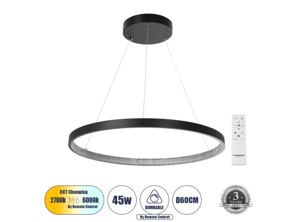 GLOBOSTAR® DIAMOND 61522 Μοντέρνο Κρεμαστό Φωτιστικό Οροφής LED 45W 5040lm 360° AC 220-240V IP20 Ρυθμιζόμενο Λευκό CCT με Χειριστήριο από 2700K έως 6000K Dimmable - Lumileds SMD Chip - Μαύρο Ματ - Μ60 x Π60 x Υ3cm - 3 Χρόνια Εγγύηση