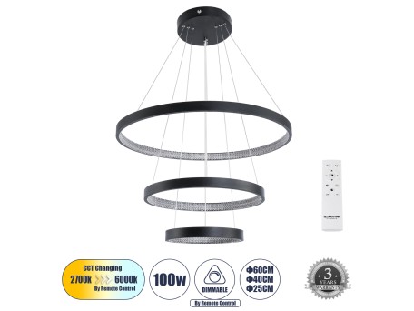 GLOBOSTAR® DIAMOND TRIO 61523 Μοντέρνο Κρεμαστό Φωτιστικό Οροφής LED 100W 11200lm 360° AC 220-240V IP20 Ρυθμιζόμενο Λευκό CCT με Χειριστήριο από 2700K έως 6000K Dimmable - Lumileds SMD Chip - Μαύρο Ματ - Μ90 x Π90 x Υ90cm - 3 Χρόνια Εγγύηση