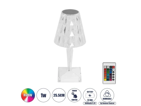 GLOBOSTAR® CRYSTAL 62042 Μοντέρνο Επιτραπέζιο Φωτιστικό Πορτατίφ LED 1W 100lm 360° DC 5V USB-C με Επαναφορτιζόμενη Μπαταρία Li-ion 3.7V 1600mAh IP44 Πολύχρωμο RGBW με Χειριστήριο Dimmable - Sanan SMD Chip - Διάφανο - Μ11.5 x Π11.5 x Υ25.5cm - 3 Χρόνια Εγγ