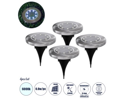 GloboStar® 69929 ΣΕΤ 4 Τεμαχίων Αυτόνομα Ηλιακά Φωτιστικά LED SMD 0.80W/Τεμ. 80lm/Τεμ. με Ενσωματωμένη Μπαταρία 600mAh - Φωτοβολταϊκό Πάνελ με Αισθητήρα Ημέρας-Νύχτας Αδιάβροχο IP65 Φανάρι Κήπου Στρογγυλό Ψυχρό Λευκό 6000K Φ12 x Υ13cm