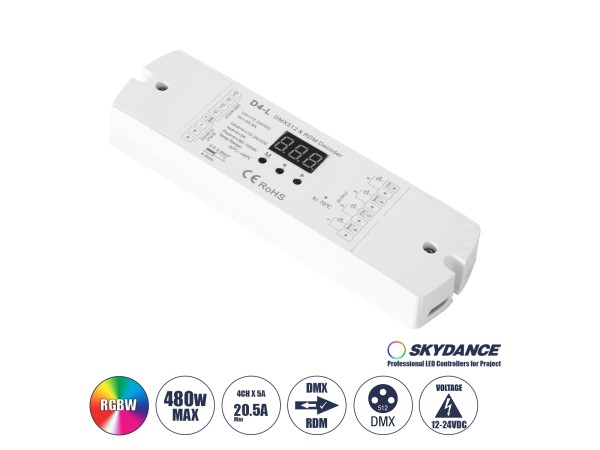 GloboStar® 70668 D4-L SKYDANCE DC DMX & RDM Dimmer High Speed Controller / Decoder 4 Καναλιών DC 12-24V 4 x 5A 120W - Max 20.5A 480W - IP20 Μ17 x Π5 x Υ2.5cm - 5 Years Warranty GloboStar® 70668 D4-L SKYDANCE DC DMX & RDM Dimmer High Speed Controller / Decoder 4 Καναλιών DC 12-24V 4 x 5A 120W - Max 20.5A 480W - IP20 Μ17 x Π5 x Υ2.5cm - 5 Years Warranty