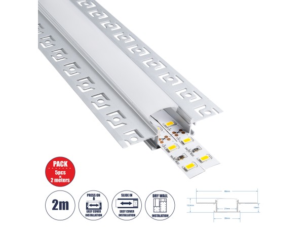 GLOBOSTAR® ALP-PLASTERIN GYPSO 70819-2M Χωνευτό Προφίλ Αλουμινίου Ειδικό για Γυψοσανίδα με Λευκό Γαλακτερό Πατητό Κάλυμμα για Ταινίες LED IP20 - Ασημί & Λευκό - Μ200 x Π6.7 x Υ1.4cm - Πακέτο 5 Τεμαχίων