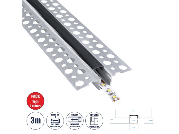 GLOBOSTAR® ALP-PLASTERIN GYPSO 70839-3M Χωνευτό Προφίλ Αλουμινίου Ειδικό για Γυψοσανίδα με Μαύρο Φιμέ Πατητό Κάλυμμα για Ταινίες LED IP20 - Ασημί & Μαύρο - Μ300 x Π5.6 x Υ1.5cm - Πακέτο 5 Τεμαχίων